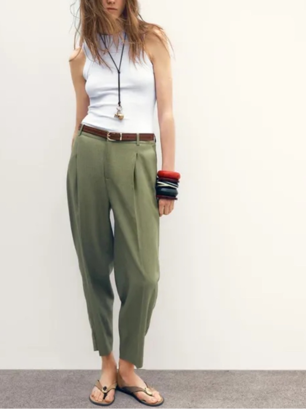 Zara NWT linen belted straight leg trousers green 2753/128